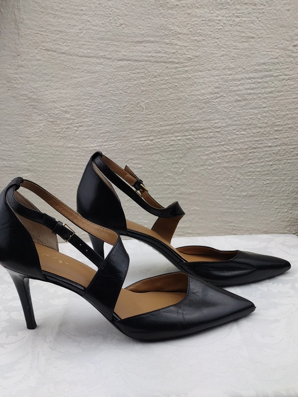 Calvin Klein Gildana Black Leather Asymmetrical Cross Strap Point Toe Heel Shoe